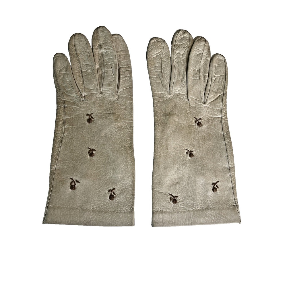 Vintage Women's Cream Floral Embroidered Leather‎ Short Driving Church Gloves